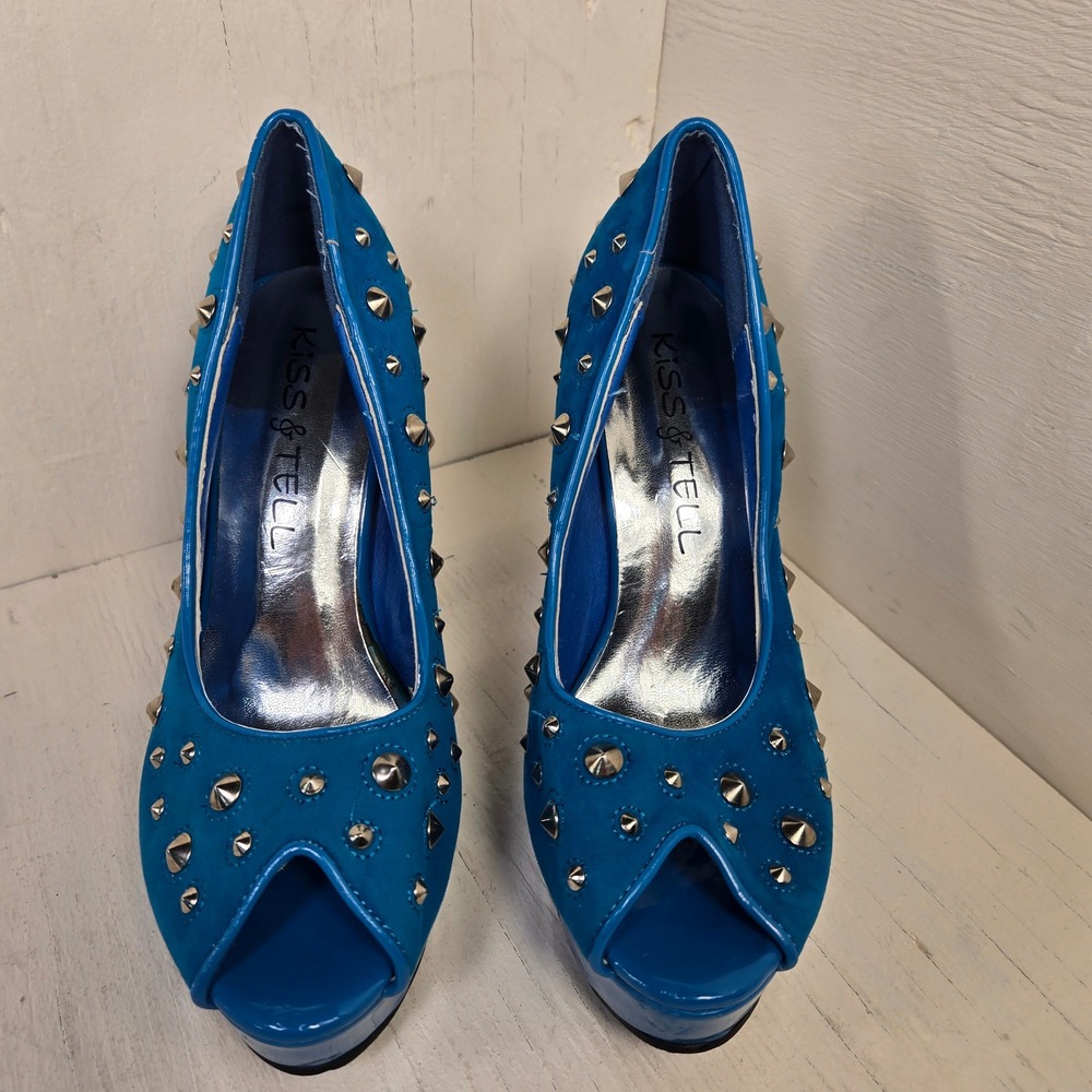 Kiss & Tell Vibrant Blue Studded Peep Toe Platform Block Heel Pumps Women Size 8